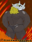 anthro armor black_clothing black_speedo black_swimwear bulge bulge_from_behind butt clothing cocky_smile fire grin grinning_at_viewer hair headgear helmet horn horned_helmet male muscular muscular_anthro muscular_male rear_view red_hair smile solo speedo swimwear yellow_eyes tokerutrash bandai_namco digimon blackwargreymon digimon_(species) 3:4 hi_res