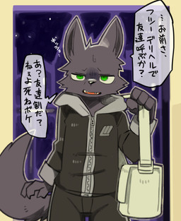annoyed anthro bag biped black_bottomwear black_clothing black_topwear bottomwear clothed clothed_anthro clothed_male clothing dialogue front_view fully_clothed fully_clothed_anthro fully_clothed_male fur green_eyes grey_body grey_fur jacket looking_at_viewer male male_anthro night onomatopoeia pants satchel slim slim_anthro slim_male solo sound_effects speech_bubble talking_to_viewer text topwear pizademokttero nifram_logan canid canine canis mammal wolf 2026 cel_shading digital_drawing_(artwork) digital_media_(artwork) hi_res japanese_text shaded