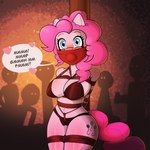 anthro bdsm big_breasts blush bondage bound bound_midriff breasts crotch_rope cutie_mark dialogue female gag group heart_symbol looking_at_viewer open_mouth otm_gag restraints rope rope_bondage solo_focus text tied_to_pole zeecibee friendship_is_magic hasbro my_little_pony pinkie_pie_(mlp) earth_pony equid equine horse mammal pony 1:1 english_text hi_res