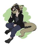 anthro clothed clothing eyes_closed fully_clothed fully_clothed_anthro fully_clothed_male human_to_anthro male raised_leg sitting smile solo species_transformation transformation starwolfskin zgf_art rygone hirith 2023 absurd_res digital_media_(artwork) hi_res portrait