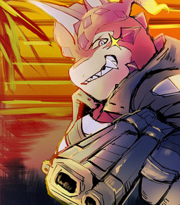 anthro cute_fangs fangs grin gun male muscular muscular_anthro muscular_male ranged_weapon smile solo sunset teeth tentacles weapon no_miso_crash lifewonders mythology tokyo_afterschool_summoners cthugha_(tas) dragon mythological_creature mythological_scalie scalie