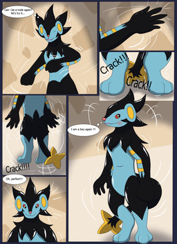 ambiguous_gender anthro biped black_body black_hair blue_body blush close-up digitigrade feral feral_to_anthro fingers ftm_transformation gender_transformation glistening glistening_body hair male markings onomatopoeia paws plantigrade red_eyes semi-anthro simple_background smile snout solo sound_effects standing tail text transformation wide_crotch yellow_markings wolferion nintendo pokemon john_(swack16) kirara_(swack16) generation_4_pokemon luxray pokemon_(species) 2015 colored comic english_text hi_res female_(lore)