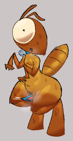 antennae_(anatomy) anthro bell bell_collar big_eyes bodily_fluids brown_body caught_off_guard collar erection genitals grey_background looking_at_viewer male navel penis simple_background slightly_chubby slightly_chubby_anthro slightly_chubby_male solo standing sweat sweatdrop tape tape_over_penis tapering_penis wearing_collar hhbrother rage_(hhbrother) arthropod blattodean insect termite english_description hi_res