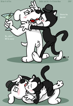 alcohol animal_genitalia anthro anus balls base_two_layout beverage black_body black_fur blush clothing dialogue drunk duo eyes_closed flaccid fleischer_style_toon fur genitals hat hat_only headgear headgear_only headwear headwear_only holding_glass holding_object kissing lying male male/male mostly_nude nude on_back penis sheath standing substance_intoxication tail text toony two_panel_image two_row_layout white_body white_fur young young_anthro annie-mae family_guy brian_griffin canid canine canis domestic_cat domestic_dog felid feline felis mammal 2007 comic english_text