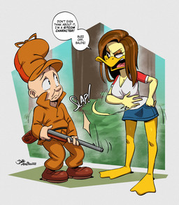 anthro biped bottomwear breasts brown_clothing clothed clothing detailed_background dialogue eyelashes female fully_clothed gun hat headgear headwear holding_gun holding_object holding_ranged_weapon holding_weapon larger_female male outside pupils ranged_weapon shirt size_difference skirt smaller_male speech_bubble text thick_thighs topwear weapon joaoppereiraus looney_tunes the_looney_tunes_show warner_brothers elmer_fudd tina_russo anatid anseriform avian bird duck human mammal 2025 english_text hi_res