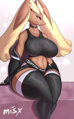 anthro big_breasts bottomwear breasts choker clothing crop_top female footwear hotpants huge_breasts jacket jewelry legwear looking_at_viewer midriff necklace print_clothing shirt shorts sitting socks solo text thick_thighs thigh_highs thigh_socks topwear wide_hips misx nintendo pokemon generation_4_pokemon lagomorph lopunny mammal pokemon_(species) absurd_res english_text hi_res