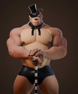anthro bare_chest bow_tie bow_tie_only cane clothing crossed_arms front_view hat_over_eyes leather leather_clothing looking_at_viewer male male/male mostly_nude musclegut muscular muscular_male pecs posing_for_picture solo rexwolf five_nights_at_freddy's scottgames freddy_(fnaf) bear mammal hi_res portrait