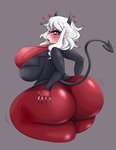 absurd_res big_breasts big_butt blush breasts butt demon demon_humanoid female grey_background hair heart_symbol helltaker hi_res holding_butt huge_breasts huge_butt humanoid hyper hyper_butt letterbox looking_back luditima modeus_(helltaker) not_furry red_eyes simple_background solo thick_thighs white_hair