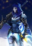 armor clothed clothing female glowing glowing_eyes holding_object holding_weapon hood machine metallic_body solo weapon sennomino destiny_(video_game) android exo exo_(destiny) humanoid robot absurd_res hi_res