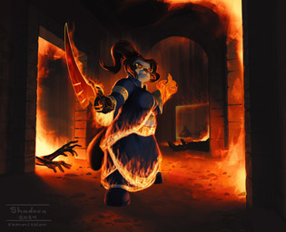 4_fingers anthro archway bangs blue_clothing blue_footwear blue_robe blue_shoes boots brown_body brown_fur brown_hair brown_markings burned burning charred claws clothing corpse countershade_hands countershading dark_lighting defensive_stance elemental_manipulation eyewear facial_markings female fingers fire fire_manipulation fire_sword firelight flaming_sword flaming_weapon footwear fur furrowed_eyebrows glasses green_eyes group hair hallway head_markings head_turned head_turned_sideways heat_sword holding_melee_weapon holding_object holding_sword holding_weapon inside intimidation long_hair looking_at_another looking_down looking_offscreen magic_sword magic_user markings melee_weapon ornate_clothing parted_bangs pawpads ponytail pose reaching_out robe rubble shoes slightly_chubby slumped smoke solo_focus standing stone_wall sword tail threatening_violence wall_(structure) weapon wearing_glasses white_body white_fur wielding_weapon shadoca blizzard_entertainment warcraft background_character tiya_shortclaw bear mammal pandaren red_pandaren absurd_res hi_res watermark