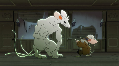 3_toes anthro biped bottomwear clothing detailed_background duo feet fur hat headgear headwear humanoid_hands inside male pants rodent_tail size_difference smile standing tail toes white_body white_fur parker_simmons insane:_mouse_mansion mammal mouse murid murine rodent 2026 hi_res