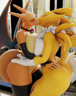 anthro big_breasts big_butt breast_squish breasts breasts_frottage butt chest_tuft claws clothing collar duo eyebrows female female/female fluffy fluffy_tail genitals gloves gloves_(marking) handwear kissing legwear markings squish stockings tail thick_thighs tuft vulva wings darkflash23 warfaremachine_(modeler) bandai_namco digimon nintendo pokemon warfare_renamon yuki_(evov1) yukizard_(evov1) canid charizard digimon_(species) generation_1_pokemon mammal pokemon_(species) renamon 3d_(artwork) absurd_res digital_media_(artwork) hi_res