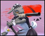 aiming_gun aiming_weapon ambiguous_gender anthro bell black_border blade border clothing dagger dual_wielding ears_down fur grey_body grey_fur gun handgun holding_dagger holding_gun holding_knife holding_melee_weapon holding_object holding_ranged_weapon holding_weapon horizontal_pupils knife maid_headdress maid_uniform melee_weapon orange_eyes pistol pivoted_ears pointing_gun pupils ranged_weapon reverse_grip silencer solo uniform weapon inkanyamba_(artist) the_nature_of_predators slanek_(the_nature_of_predators) alien mammal venlil_(the_nature_of_predators)