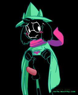 anthro balls black_body black_fur blush clothed clothing clothing_lift erection floppy_ears fur genitals hat headgear headwear male nude penis scarf simple_background solo standing tapering_penis text young young_anthro kaittycat deltarune undertale_(series) ralsei bovid caprine darkner goat mammal 2018 digital_media_(artwork) hi_res url