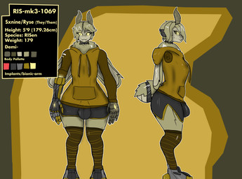 5_fingers antennae_(anatomy) anthro big_butt bottomwear breasts bulge butt choker clothing cybernetic_arm cybernetic_limb cybernetics dolphin_shorts fingers fluffy fur glowing glowing_eyes gynomorph hoodie intersex jewelry legwear machine necklace shorts solo thigh_highs topwear wide_hips wings yellow_body yellow_fur rysetheclone sxnine_ryse arthropod insect lepidopteran moth absurd_res hi_res nonbinary_(lore)
