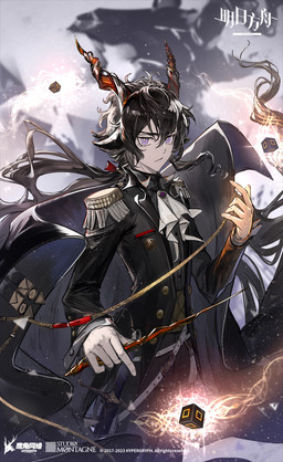 5_fingers belt black_clothing black_hair clothing cube epaulet fingers hair holding_object holding_wand horn jacket looking_at_viewer magic_wand male melee_weapon solo sword tail text topwear wand weapon ryuuzaki_ichi arknights hypergryph studio_montagne ebenholz_(arknights) animal_humanoid bovid bovid_humanoid caprine caprine_humanoid goat_humanoid humanoid mammal mammal_humanoid 2023 digital_media_(artwork) english_text hi_res