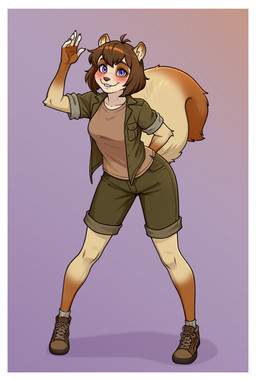 5_fingers anthro black_nose blush bottomwear brown_hair clothing female fingers footwear fur gesture hair humanoid_hands shirt shoes shorts smile solo standing tail tan_body tan_fur topwear waving katesashi elena_mariksen mammal rodent sciurid tree_squirrel hi_res