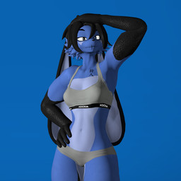 anthro black_hair blue_body blue_fur bottomwear bra clothing facial_scar female fur hair heterochromia japanese_tattoo pose scales scar solo sports_bra sportswear topwear underwear monsoon_perfected warfaremachine_(modeler) domi_(domi3d) hybrid lagomorph leporid mammal rabbit 1:1 3d_(artwork) digital_media_(artwork) hi_res