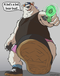 anthro extreme_size_difference looking_at_viewer looking_down looking_down_at_viewer macro male micro shoe_soles shoes_on shrink_ray shrinking size_difference size_transformation solo transformation howellthabear bear mammal polar_bear ursine hi_res