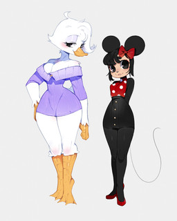 accessory anthro bangs black_bottomwear black_clothing black_eyes black_hair black_skirt blush_(makeup) bottomwear bow_ribbon breasts button_skirt cheek_tuft chest_tuft cleavage clothed clothing duo eyelashes eyeshadow facial_tuft feet female footwear hair hair_accessory hair_bow hair_ribbon hand_on_hip hands_behind_back high_heels looking_at_viewer makeup membrane_(anatomy) neck_tuft off_shoulder polka_dot_shirt polka_dots red_clothing red_footwear red_high_heels redesign ribbons round_ears shoes simple_background skirt slim smile tail toes tuft webbed_feet white_background white_hair wide_hips punipaws disney daisy_duck minnie_mouse anatid anseriform avian bird duck mammal mouse murid murine rodent hi_res