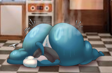 anthro big_butt blue_body bodily_fluids bottomwear butt clothing female huge_butt huge_hips huge_thighs hyper hyper_butt lying on_front panties shirt skirt solo steam sweat sweaty_butt tail thick_thighs topwear underwear wide_hips crowundeadcat cartoon_network the_amazing_world_of_gumball nicole_watterson domestic_cat felid feline felis mammal hi_res