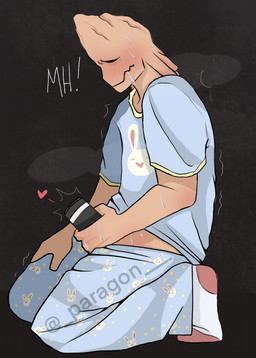 blush bodily_fluids clothing ejaculation eyes_closed hand_on_leg heart_symbol implied_orgasm looking_pleasured male masturbation pajamas penetrable_sex_toy penile penile_masturbation sex_toy shaking solo sweat paragon_(artist) my_hero_academia koji_koda humanoid mammal hi_res