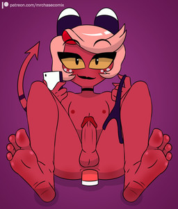 4_toes anthro feet femboy genitals horn male penis red_body soles spade_tail tail toes yellow_sclera mrchasecomix hellaverse helluva_boss mythology moxxie_(helluva_boss) demon humanoid imp mythological_creature hi_res