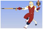 anthro clothing eyewear glasses gloves handwear male melee_weapon solo sword topwear vest weapon ewenkarma final_fantasy final_fantasy_xiv square_enix mage_(final_fantasy) red_mage_(final_fantasy) felid hrothgar mammal