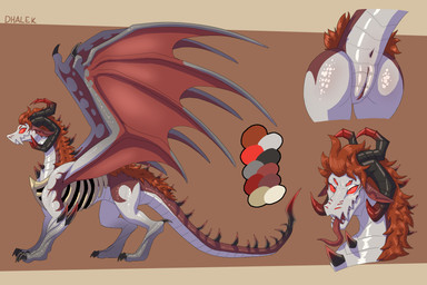 4_eyes anus bone brown_hair butt claws color_swatch female feral fur genitals hair horn looking_at_viewer markings membrane_(anatomy) membranous_wings multi_eye red_eyes rib_cage ribs simple_background smile solo spikes spikes_(anatomy) tail tongue tongue_out vulva wings dhalek mythology asheko demon dragon mythological_creature mythological_scalie scalie 3:2 absurd_res digital_media_(artwork) headshot_portrait hi_res model_sheet portrait