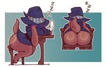 anthro big_butt big_ears blue_clothing blue_hat blue_headwear blue_topwear blush blush_lines bottomless brown_body butt clothed clothing female floppy_ears green_background hat headgear headwear huge_butt long_ears lop_ears rear_view short_stack side_view simple_background sitting sleeping solo sound_effects thick_thighs topwear vowelless vowelless_sound_effect white_background wide_hips witch_hat zzz moogers unknown_species absurd_res hi_res