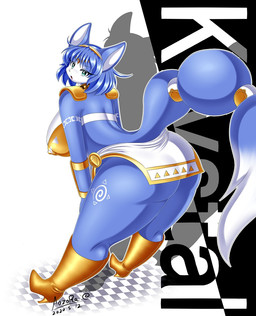anthro blue_butt blue_ears blue_hair blue_tail boots bottomwear breasts butt clothing female footwear fur hair high_heeled_boots high_heels loincloth nipple_outline open_mouth shoes solo tail text white_body white_clothing white_fur white_tail aozora_(tasogare_aozora) nintendo star_fox krystal_(star_fox) canid canine fox mammal 2020 character_name dated