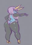 2016 anthro big_butt biped blue_eyes butt clothing eyelashes female footwear generation_3_pokemon grey_background hair hand_on_hip hi_res high_heels illumise leotard lips liveforthefunk looking_at_viewer looking_back looking_back_at_viewer nintendo nude pokemon pokemon_(species) pose purple_hair rear_view seductive shoes simple_background solo thick_thighs