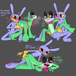 anthro balls black_eyes black_eyeshadow blush bodily_fluids breasts butt clothing cum cum_in_vagina cum_inside dialogue dripping duo ellipsis eyelashes eyeshadow featureless_breasts female fingering from_behind_position genital_fluids genitals gloves gloves_only green_body grey_background handwear handwear_only heart_symbol long_tongue makeup male male/female mostly_nude nude nude_anthro nude_female open_mouth pawpads penis presenting purple_body ribbon_only saliva saliva_drip saliva_on_tongue sex simple_background small_breasts tail teeth text tongue tongue_out vaginal vaginal_fingering vulva yellow_sclera sodastik glitch_productions the_amazing_digital_circus jax_(tadc) ribbit_(tadc) amphibian frog lagomorph leporid mammal rabbit 1:1 2026 digital_media_(artwork) english_text hi_res