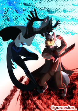 angry anthro blood blue_eyes bodily_fluids brown_clothing claws clenched_teeth cloak clothing duo female fur grey_clothing grey_hair grey_tail hair mask multicolored_body multicolored_fur open_mouth pawpads paws pink_body pink_fur tail teeth two_tone_body two_tone_fur two_tone_tail wearing_mask white_clothing white_hair white_tail gamesfan arctic_fox canid canine canis fox mammal true_fox wolf absurd_res hi_res signature