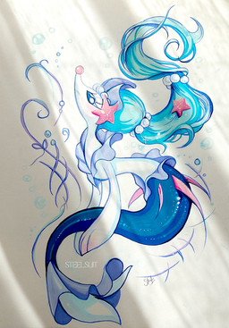 ambiguous_gender anthro blue_eyes blue_hair blush bubble eyelashes gem hair pearl_(gem) simple_background solo split_form starfish_(accessory) tail white_body steelsuit nintendo pokemon aquatic asterozoan echinoderm generation_7_pokemon pokemon_(species) primarina starfish 2026 hi_res marker_(artwork) signature traditional_media_(artwork)