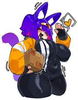 areola_outline bangs belly big_breasts black_bodysuit black_clothing black_skinsuit bodysuit breasts camel_toe clothing cute_fangs eyebrow_through_hair eyebrows fangs female fingerless_gloves gesture gloves hair handwear heart_in_mouth heart_symbol holding_package inner_ear_fluff jacket light_body light_skin narrowed_eyes navel_outline orange_clothing orange_jacket orange_topwear package pigtails pointy_ears purple_hair purple_tail red_eyes simple_background skinsuit solo tail teeth thick_thighs tight_clothing topwear translucent translucent_hair tuft waving white_background crr001 cargo_(crr001) animal_humanoid cat_humanoid felid felid_humanoid feline feline_humanoid humanoid mammal mammal_humanoid 2025 hi_res portrait three-quarter_portrait
