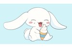 ambiguous_gender anthro blue_background cheek_spots curled_tail daww dessert eating eating_food eating_ice_cream eyes_closed floppy_ears fluffy fluffy_tail food fur holding_food holding_object ice_cream ice_cream_cone lop_ears simple_background sitting smile solo tail tongue tongue_out white_body white_fur young young_anthro manmosu_marimo cinnamoroll sanrio cinnamon_(cinnamoroll) canid canine canis domestic_dog mammal hi_res letterbox male_(lore)