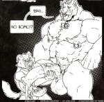 abs animal_genitalia animal_penis anthro anthro_on_anthro balls belly biceps big_balls big_muscles big_penis black_and_white bodily_fluids body_hair bottomless bottomwear bovid bovine bros_being_bros bulge canid canine cattle chest_hair clothed clothing comic cum customer dialogue dives_(kihu) dominant dominant_male duo english_text equine_genitalia equine_penis erection facial_piercing felid foreskin genital_fluids genitals growth hair horn huge_muscles huge_penis humanoid_genitalia humanoid_penis hybrid hyper hyper_muscles hypnosis inside jewelry kihu licking male mammal medial_ring mind_control monochrome musclegut muscular muscular_male mustelid musteline necklace nipple_piercing nipples no_homo nose_piercing nose_ring nude open_mouth pantherine pants partially_retracted_foreskin pecs pendant penis penis_size_difference piercing precum pubes ring_piercing ringed_eyes rip septum_piercing sheath smile store submissive submissive_male tarke text tiger tongue tongue_out topless transformation true_musteline url vein weasel werelion2003