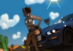 anthro female highway hitchhiking solo thyrus_(artist) ford ford_mustang toofer felid mammal prehistoric_species saber-toothed_tiger absurd_res hi_res