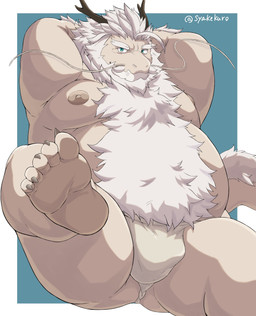anthro asian_clothing beard belly belly_hair big_belly blue_background blue_eyes body_hair bulge butt chest_hair clothing east_asian_clothing facial_hair feet foot_fetish fundoshi geometric_background hair hands_behind_head horn japanese_clothing light_body male mane moobs nipples overweight overweight_anthro overweight_male raised_arm raised_leg simple_background sitting soles solo tail tail_fur text underwear whiskers white_clothing white_fundoshi white_hair white_underwear syakekuro crave_saga mythology banryu_(crave_saga) dragon eastern_dragon mythological_creature mythological_scalie scalie 2026 artist_name colored digital_drawing_(artwork) digital_media_(artwork) hi_res shaded