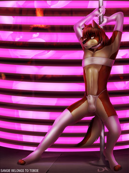 animal_genitalia anthro bulge clothed clothing countershading crossdressing genitals gloves handwear holding_fixture male panties penis penis_tip pole sheath solo stripper tail translucent translucent_clothing translucent_panties translucent_underwear underwear dream_and_nightmare sangie_nativus canid canine mammal 3:4
