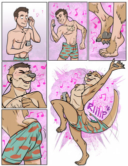 anthro bodily_fluids bottomwear brown_hair clothing electronics feet fur grey_bottomwear grey_clothing grey_pants hair hindpaw male musical_note musical_symbol nude orange_body orange_fur pants paws portable_music_player red_bottomwear red_clothing red_pants solo species_transformation sweat symbol tail tail_growth_in_pants tail_tenting torn_clothing transformation bubbeh airpods apple_inc. ipod aquatic fish human mammal mustelid otter comic hi_res