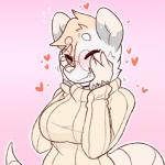 anthro blush breasts clothed clothing daww eyes_closed eyewear female fingers fur glasses grey_body grey_fur heart_symbol pink_background simple_background smile snout solo sweater topwear turtleneck nicopossum nic_(nicopossum) niccy american_opossum mammal marsupial 1:1