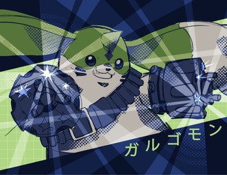 ammo_belt anthro belly bottomwear clothing denim denim_bottomwear denim_clothing fur grin gun_arm jeans long_ears male pants slightly_chubby smile solo text weapon_arm white_body white_fur chalkmoo bandai_namco digimon digimon_(species) gargomon hi_res japanese_text