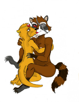 anthro anthro_on_anthro breasts brown_body brown_fur cuddling duo eye_patch eyewear female female/female french_kissing fur interspecies kissing nipples nude one_eye_obstructed red_eyes simple_background white_background yellow_body yellow_fur ambarina_(artist) guardians_of_the_galaxy marvel captain_sale lylla_(marvel) mammal mustelid otter procyonid raccoon 2015 hi_res