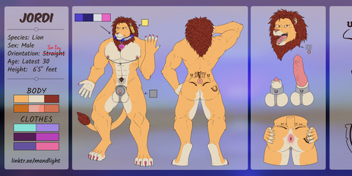 abs animal_genitalia animal_penis anthro anus arrow_pointing_to_anus balls bulge butt chastity_cage chastity_device chastity_piercing clothed clothing collar colored_nails crossdressing ear_piercing equine_genitalia equine_penis feline_genitalia feline_penis feminization gender_symbol genital_piercing genitals horseshoe legwear looking_at_viewer male male_symbol muscular muscular_male nails nipple_piercing nipples nude open_mouth pecs penis piercing presenting presenting_hindquarters sheath simple_background solo sperm_cell spread_butt spreading standing submissive submissive_male symbol tattoo text thigh_highs tongue tongue_piercing womb_tattoo mondlight jordan_(slimshod) felid lion mammal pantherine absurd_res english_text hi_res model_sheet father_(lore) parent_(lore)