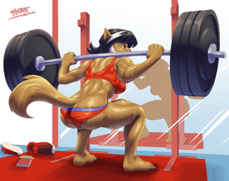 anthro barbell barbell_squats big_breasts big_butt biped black_hair bodily_fluids bra breasts brown_eyes butt clothed clothing crouching exercise female footwear fur hair looking_at_viewer looking_back midriff muscular muscular_anthro muscular_female muscular_thighs shoes simple_background solo sports_bra sports_panties squat_rack squats sweat underwear weightlifting weights workout hardtones pltnm06ghost hanna-barbera swat_kats felina_feral domestic_cat felid feline felis mammal 2018 absurd_res digital_media_(artwork) hi_res