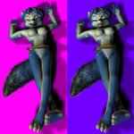 accessory anthro blue_body blue_fur blue_hair bottomwear breasts clothing crossed_legs eyes_closed female fur genitals hair headband legs_together loincloth lying multicolored_body multicolored_fur multicolored_tail nipples on_back open_mouth pussy solo tail teeth white_body white_fur foxweaver nintendo star_fox krystal_(charleyfox) krystal_(star_fox) canid canine fox mammal 1:1 2009 3d_(artwork) digital_media_(artwork)