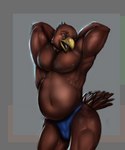 anthro beak belly biceps big_belly big_pecs blue_eyes brown_body brown_eyebrows brown_feathers brown_nipples brown_tail bulge clothed clothing eyebrows feathers front_view grey_background hands_behind_back male musclegut muscular muscular_anthro muscular_male muscular_thighs navel nipples open_beak open_mouth open_smile overweight overweight_anthro overweight_male pecs pink_tongue pose quads simple_background skimpy smile solo speedo swimwear tail tail_feathers thick_thighs tongue topless triceps yellow_beak zyyphelze accipitrid accipitriform avian bird eagle 2018 5:6 digital_media_(artwork) digital_painting_(artwork) painting_(artwork) pinup shaded