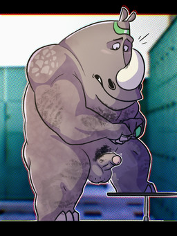 accessory anthro arm_hair balls blush blush_lines body_hair chest_hair chode clothing embarrassed erection genitals grey_body grey_skin hairy_balls headband horn humanoid_genitalia humanoid_penis jockstrap locker_room male nude penis pubes solo underwear unwanted_erection camocayenne goat_(movie) sony_corporation sony_pictures archie_everhardt black_rhinoceros mammal rhinoceros 3:4 hi_res